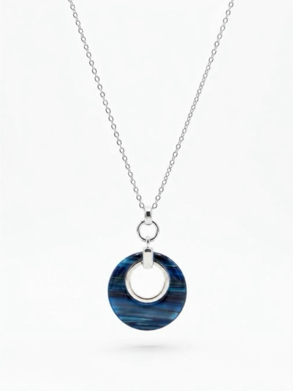 Circular Pendant Statement Necklace - Blue & Silver Tone Acrylic Medallion